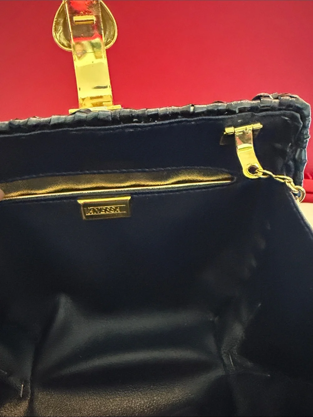 Vanessa Woven Wicker Black Crossbody Bag with Gold Chain